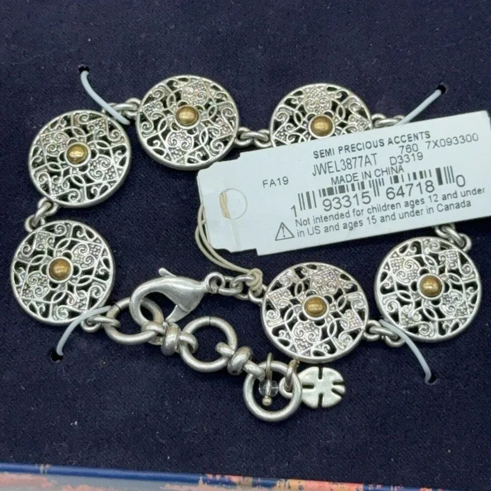 Lucky Brand Silver Tone Bracelet Filigree Discs Bronze Center 6.5